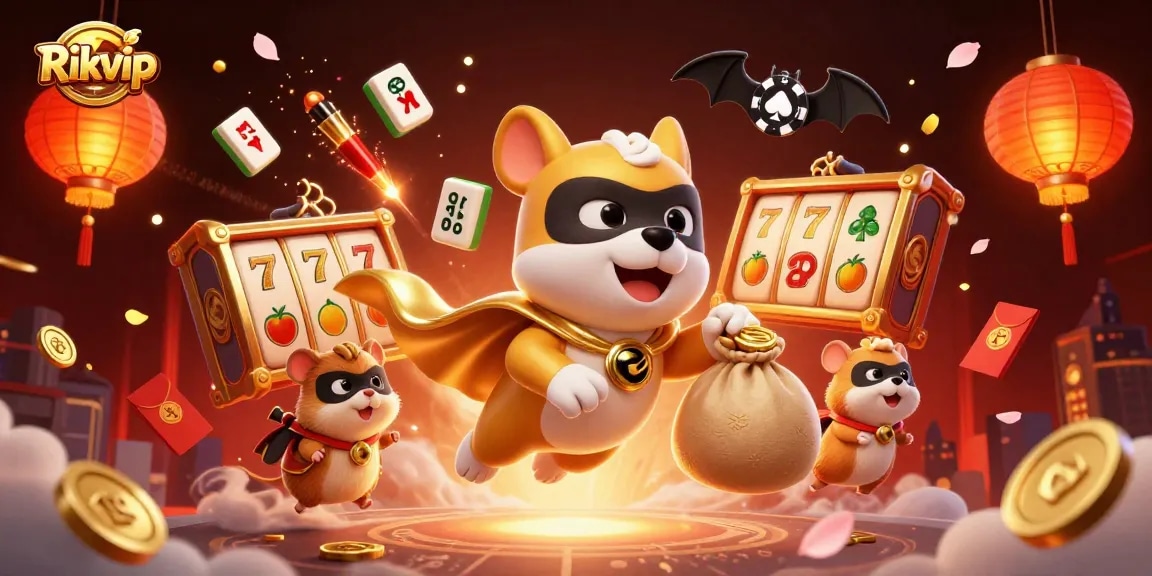 Experience thrilling gameplay with Rikvip featuring a superhero dog and hamster amidst vibrant casino elements.