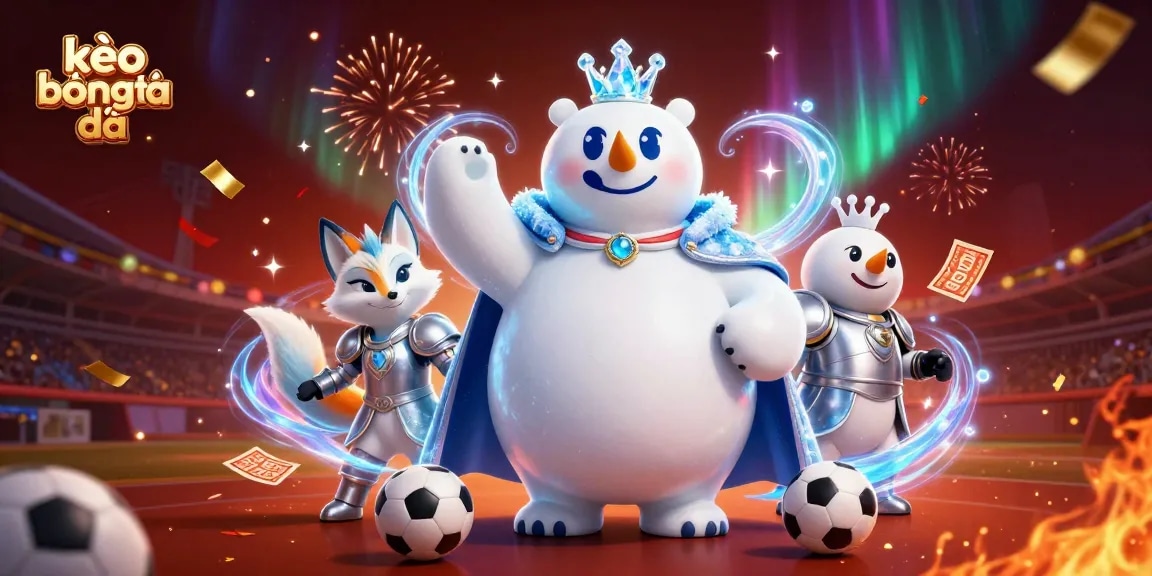 Bet on kèo bóng đá with a dazzling scene of an ice king polar bear and snow fox amidst vibrant sports elements.