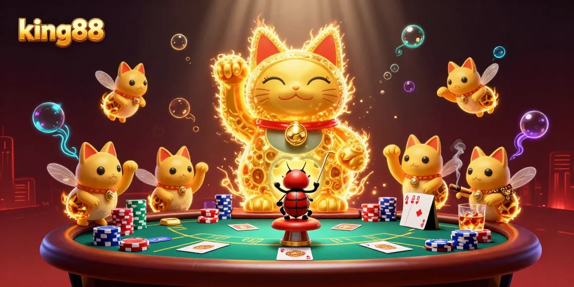 Engage with the thrilling world of king88, where a golden lucky cat and animated fireflies create an exhilarating casino atmosphere.