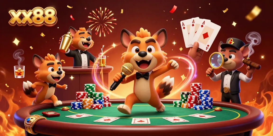 Experience the lively comedy casino club scene at xx88 with animated hyenas entertaining and serving drinks.