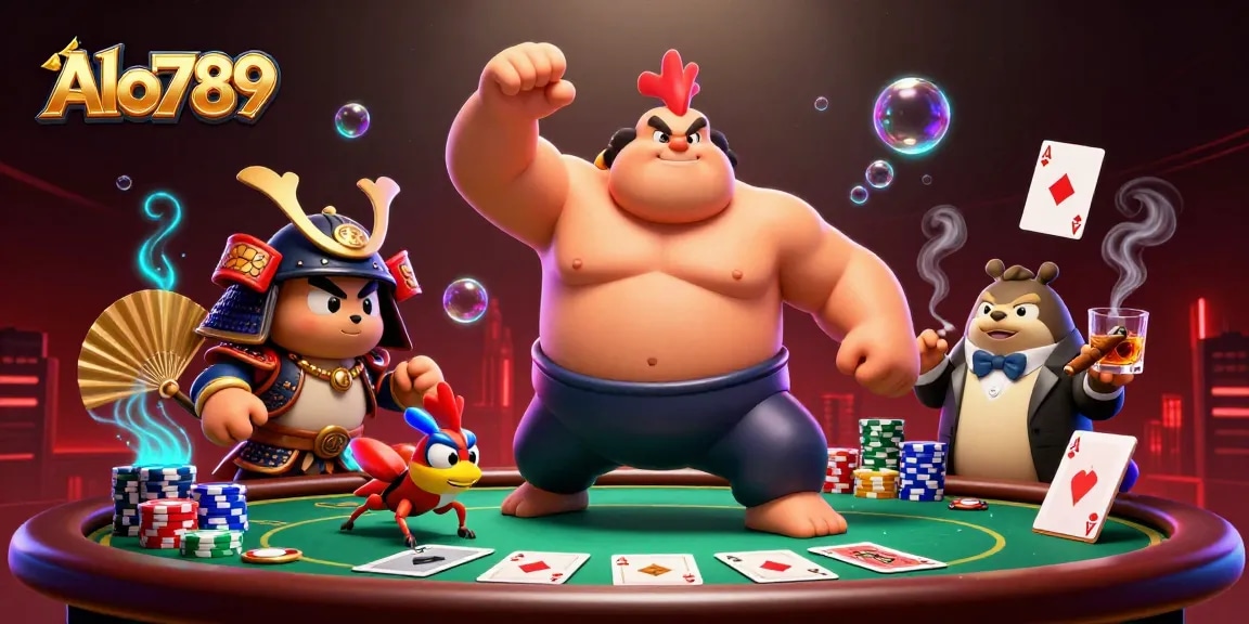 Alo789 showcases intense gambling action featuring a sumo rooster, a fierce cricket, and a tanuki announcer.