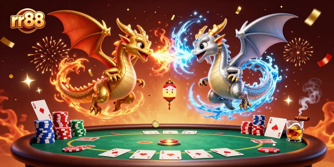 Experience the excitement of rr88 with dynamic dragons entwined amidst lively casino elements.