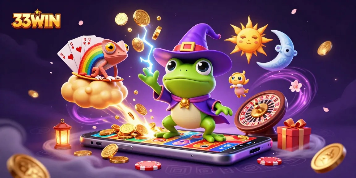 Experience the thrill of 33WIN's online gaming with animated characters and dynamic casino elements.