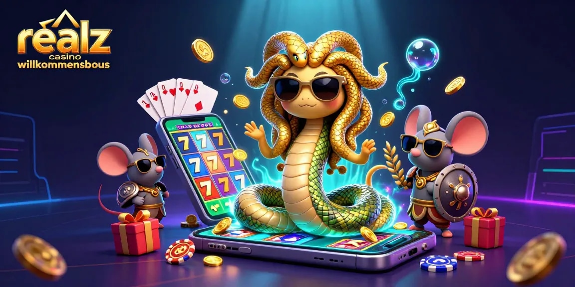 Erleben Sie den Realz Casino Willkommensbonus mit einer aufregenden 3D-Darstellung, die Medusa, einen Kriegermaus und Glücksspiel-Elemente kombiniert.