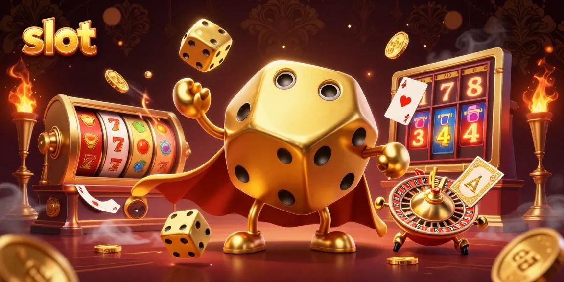 Spin and win with vibrant slot reels featuring a golden dice golem and rich casino elements.