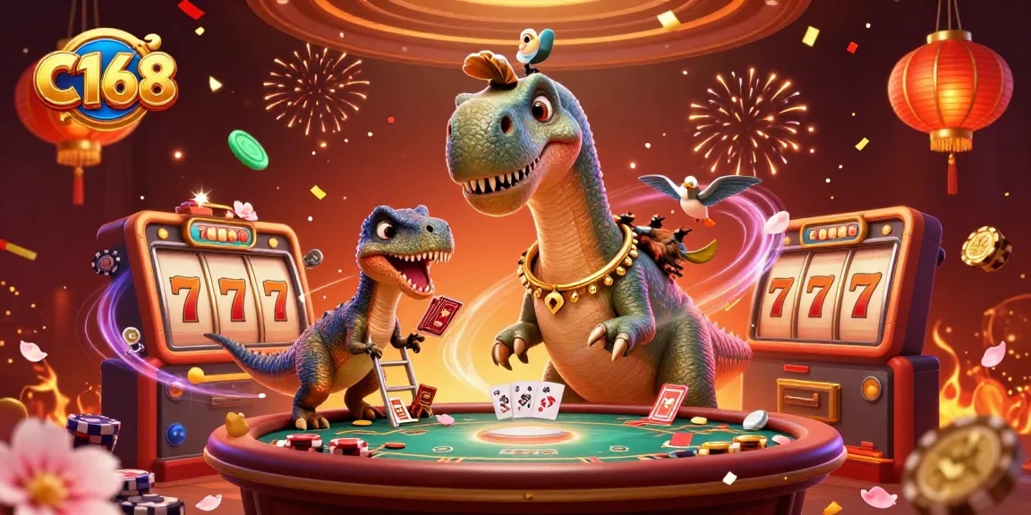 C168 showcases a vibrant casino scene with a brontosaurus and clever raptor dealing poker, capturing excitement in gaming.