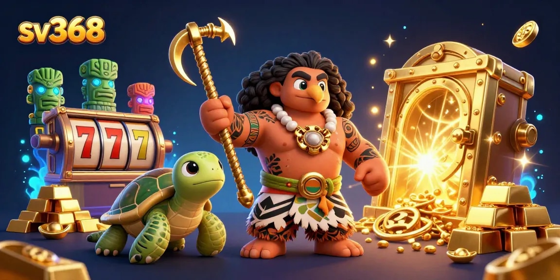 Experience thrilling wins at sv368 with a vibrant casino-themed illustration featuring a demigod and treasures.