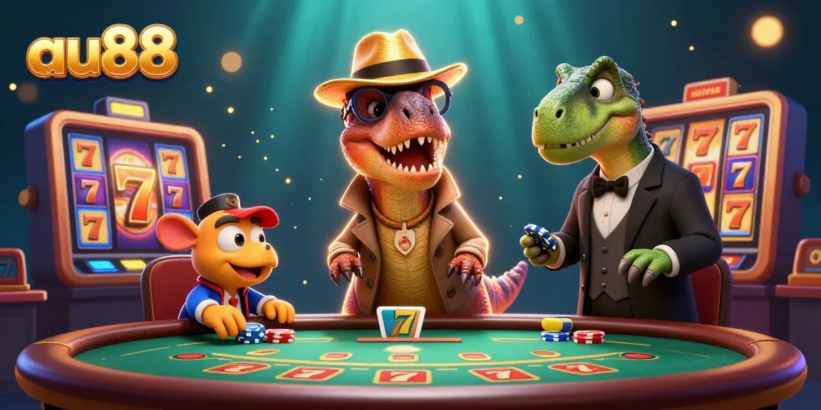 Engage with au88's thrilling slots featuring a velociraptor card counter at an animated gambling scene.