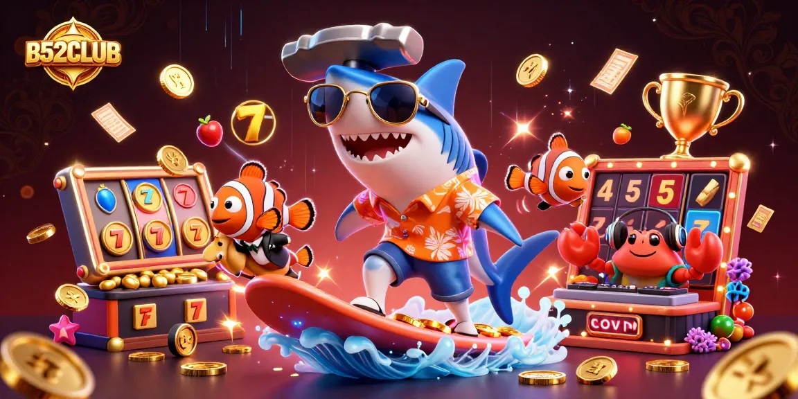 B52CLUB offers exciting slot experiences with jackpot opportunities illustrated by vibrant characters.