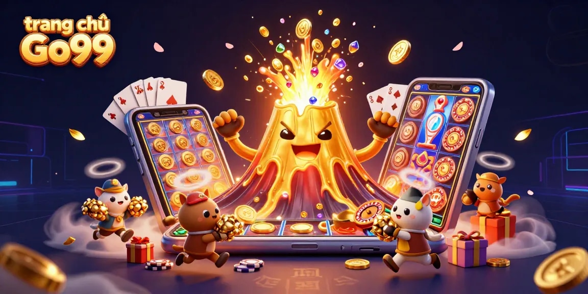 Experience exciting wins at trang chủ Go99 with vibrant illustrations of jackpots, coins, and treasures.
