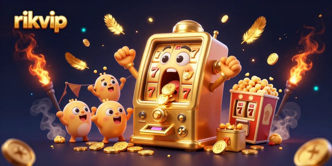 rikvip features a golden slot machine celebrating its jackpot while coins fall around it in a vibrant casino scene.