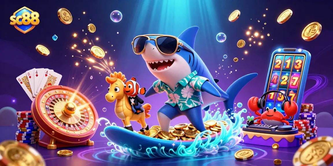Join the fun at sc88 with a thrilling scene of a shark and friends celebrating casino games and fortune.
