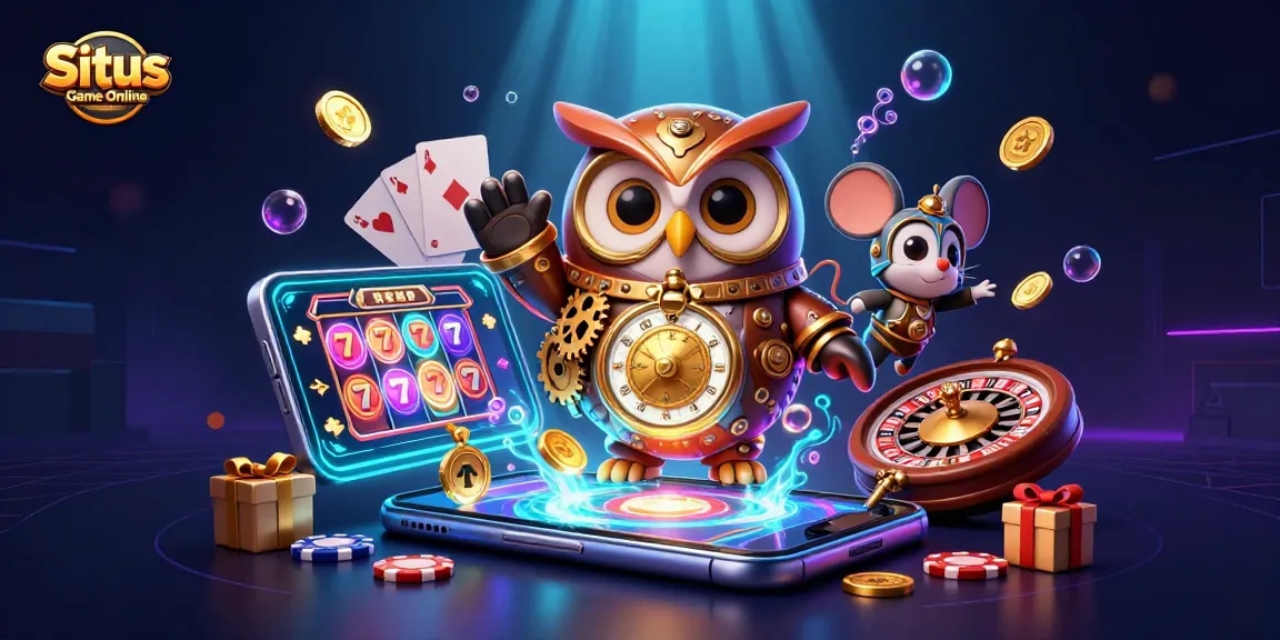Experience Situs Game Online with a vibrant 3D illustration showcasing a steampunk owl and thrilling casino elements.