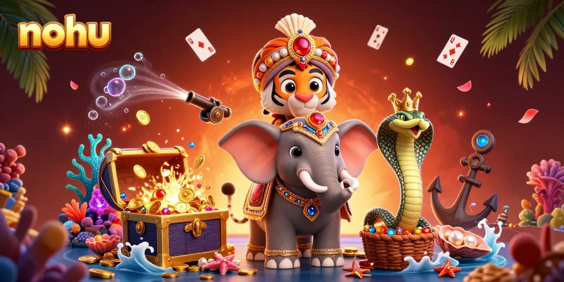 Nohu casino scene featuring a maharaja tiger and an elephant amid gold coins, enhancing excitement.