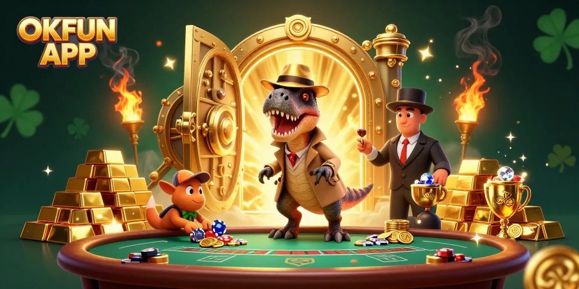 Engage with OKFUN APP as a velociraptor card counter amidst a dynamic casino scene.