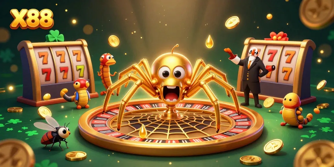 Spin for wins at X88's vibrant casino with golden web roulette and rich game elements