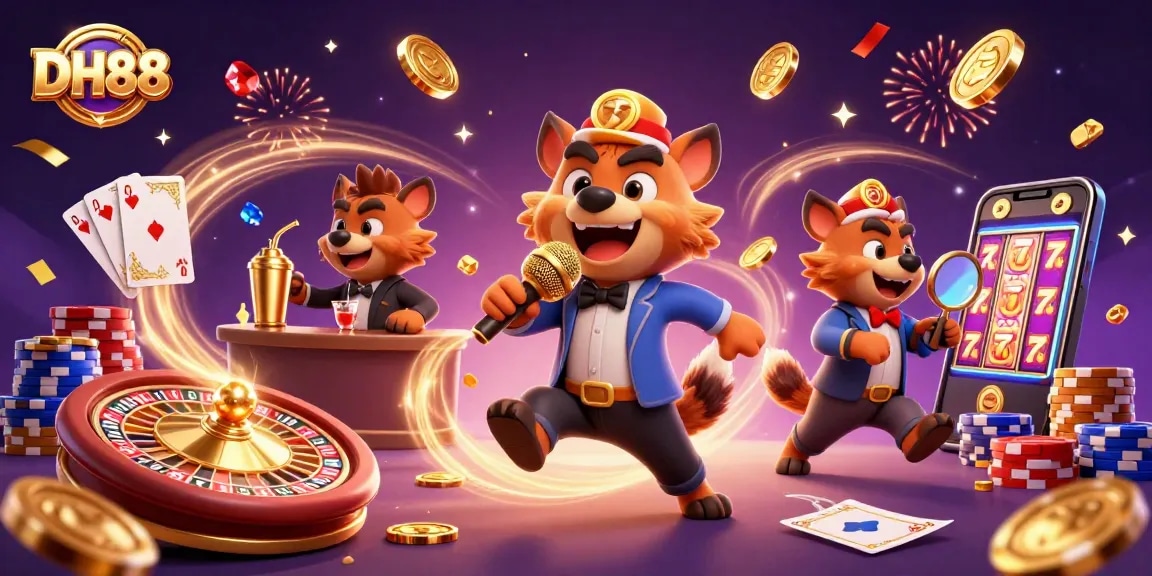 Experience lively DH88 casino entertainment with hyenas in a 3D cartoon illustration.