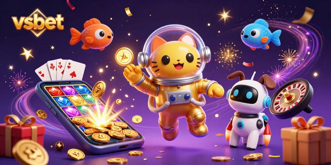 Experience thrilling gaming at vsbet with a vibrant casino scene featuring a 3D space astronaut cat.