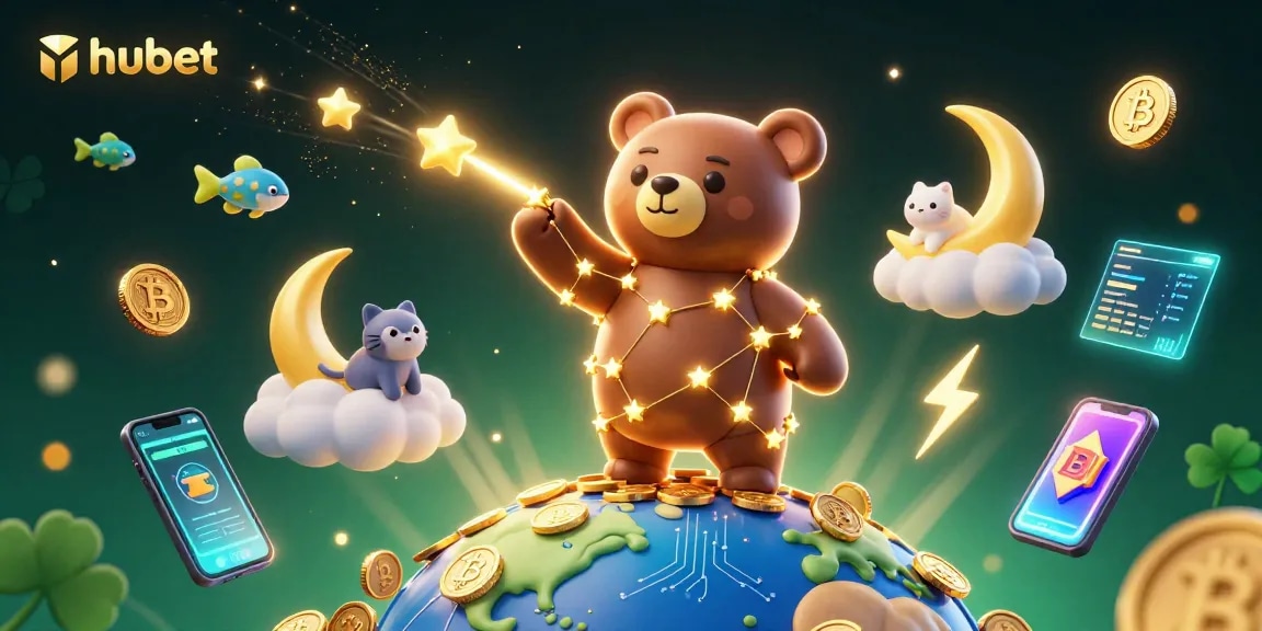 Experience vibrant hubet gaming as the constellation bear collects digital coins under a magical night sky.
