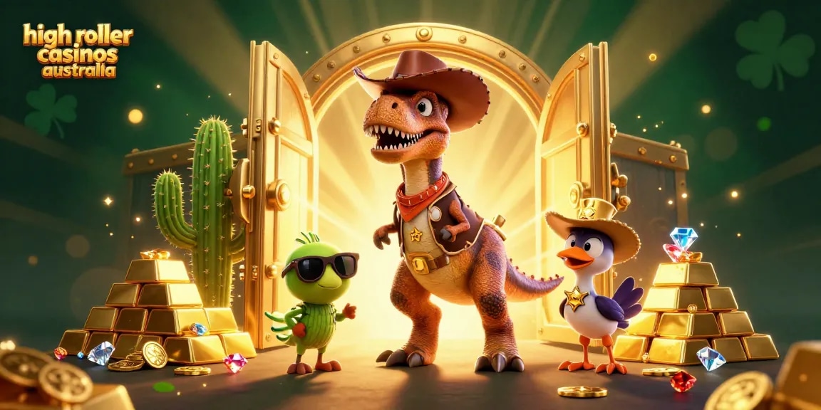Experience the excitement of high roller casinos Australia with vibrant cartoon characters and sparkling treasures.