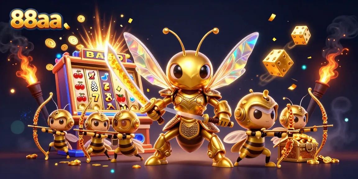 Admire the 88aa-themed casino scene featuring a giant hornet samurai and slot machines bursting with jackpots.
