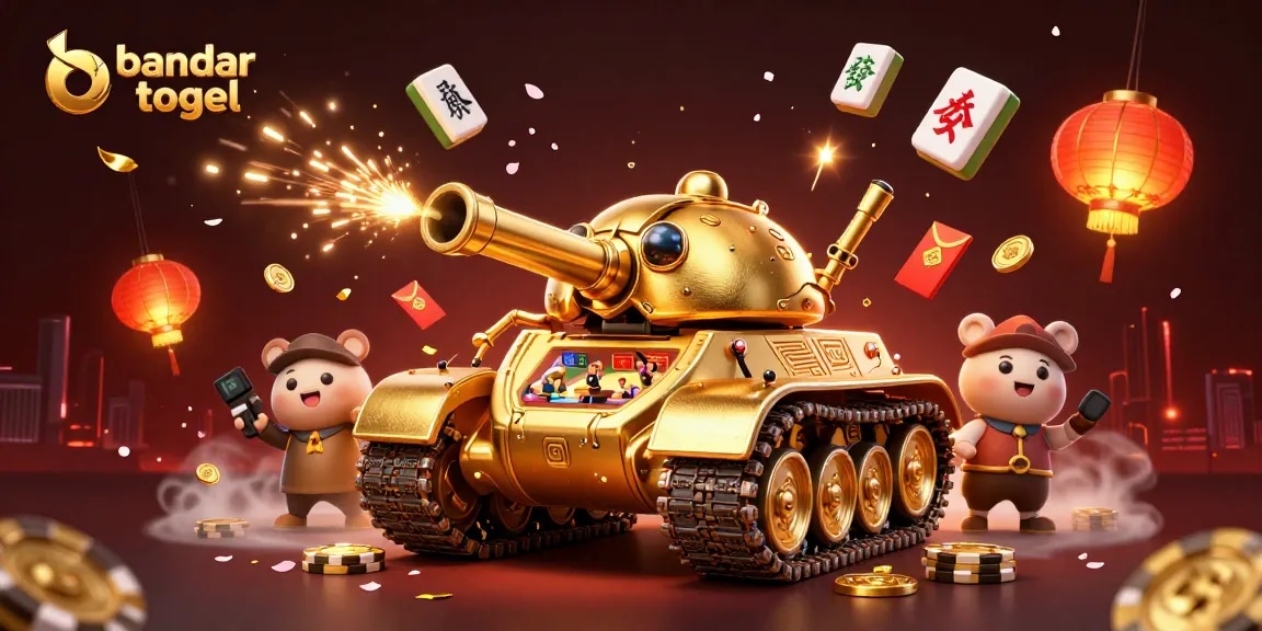 Engage with bandar togel in this vibrant scene featuring a golden beetle tank revealing a miniature casino.