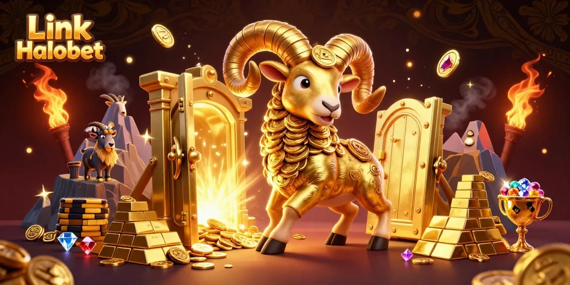 Engage with Link Halobet through vibrant 3D casino illustration featuring a golden ram charging at a treasure vault.