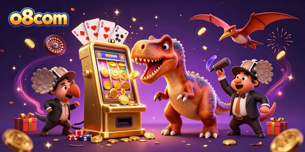 Catch jackpot coins with o8com while a cartoon pachycephalosaurus interacts with a golden slot machine.