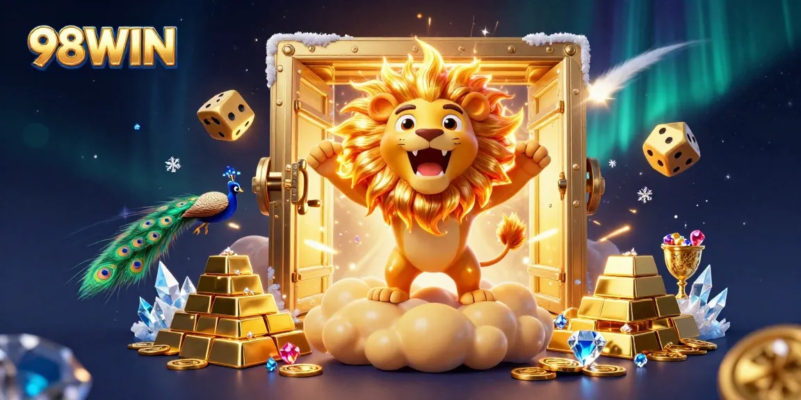 Engage with 98WIN in an immersive 3D casino world filled with gold treasures and vibrant characters.