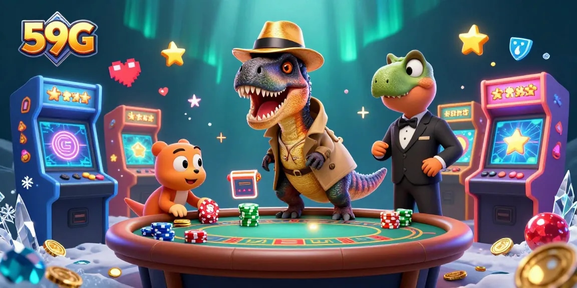 Experience thrilling betting with 59G as the velociraptor card counter and companions engage at the casino table.