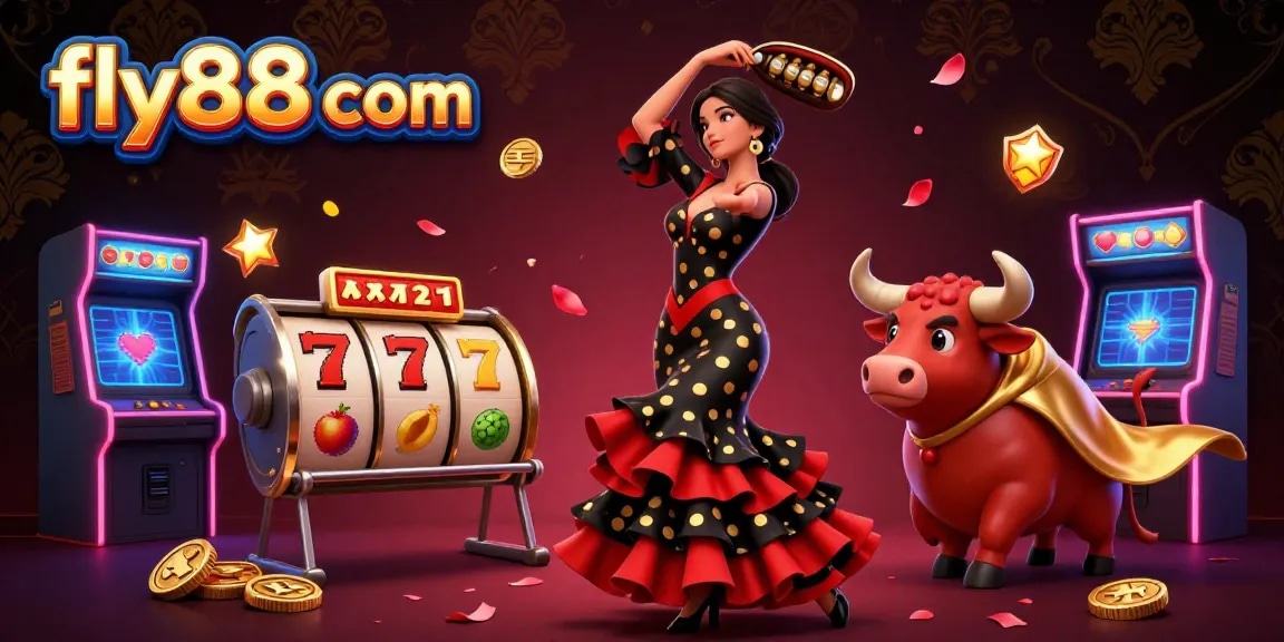 Engage in exciting casino adventures at fly88 com with vibrant slot reels and a dynamic dance scene.