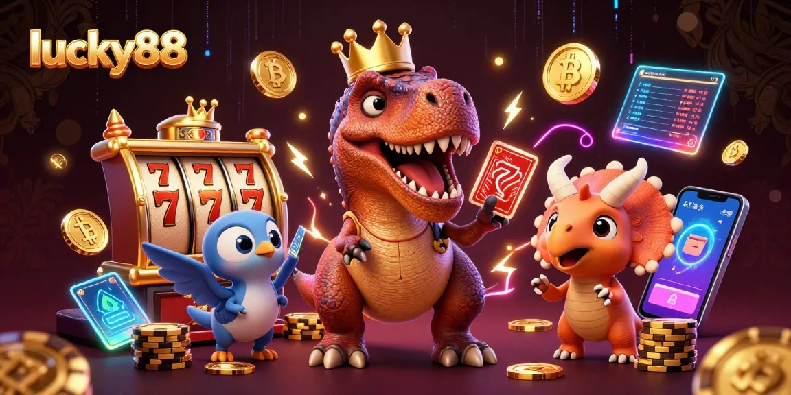 Experience the thrill of lucky88 with friendly dinosaurs in a vibrant casino scene.