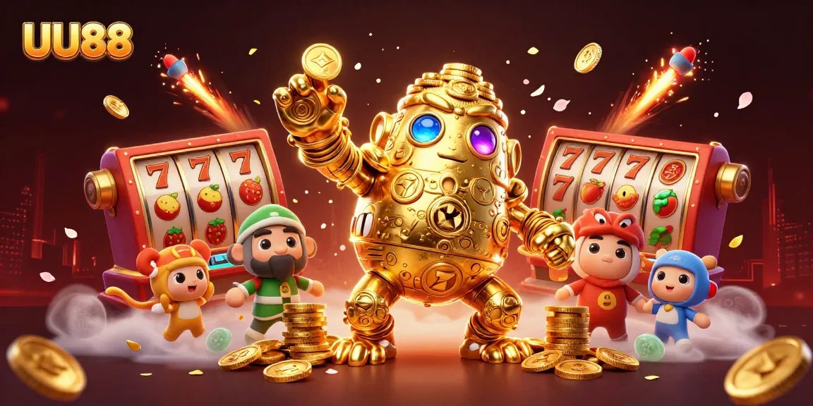 Spin slot reels with the UU88 golden golem in an energetic, vibrant casino scene.