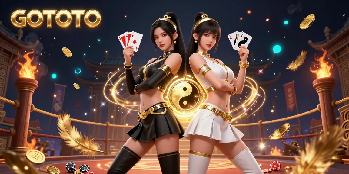 Berinteraksi dengan permainan slot dan kasino GOTOTO yang diilustrasikan oleh dua wanita Asia kembar yang memegang kartu dalam adegan dinamis.