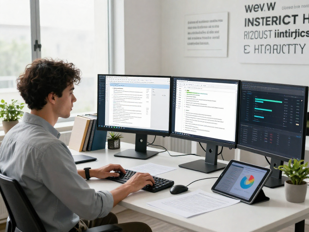 Data analyst conducting document fraud detection analysis in a modern office environment with multiple monitors and AI-driven reports.