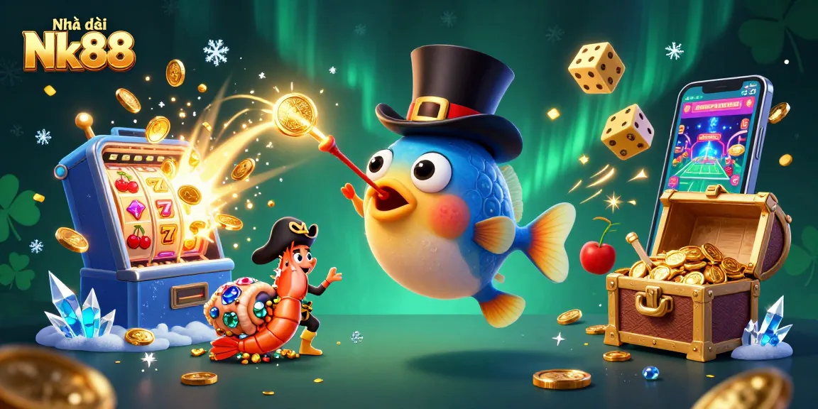 Experience thrilling wins at Nhà cái Nk88 with dynamic casino games illustrated in a vibrant 3D scene.