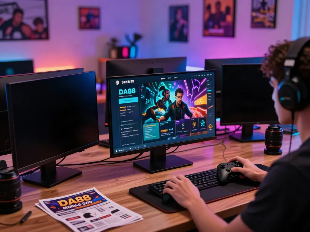 Engaging gaming scene with da88 mobile app and laptop interface, showcasing excitement in online gaming.