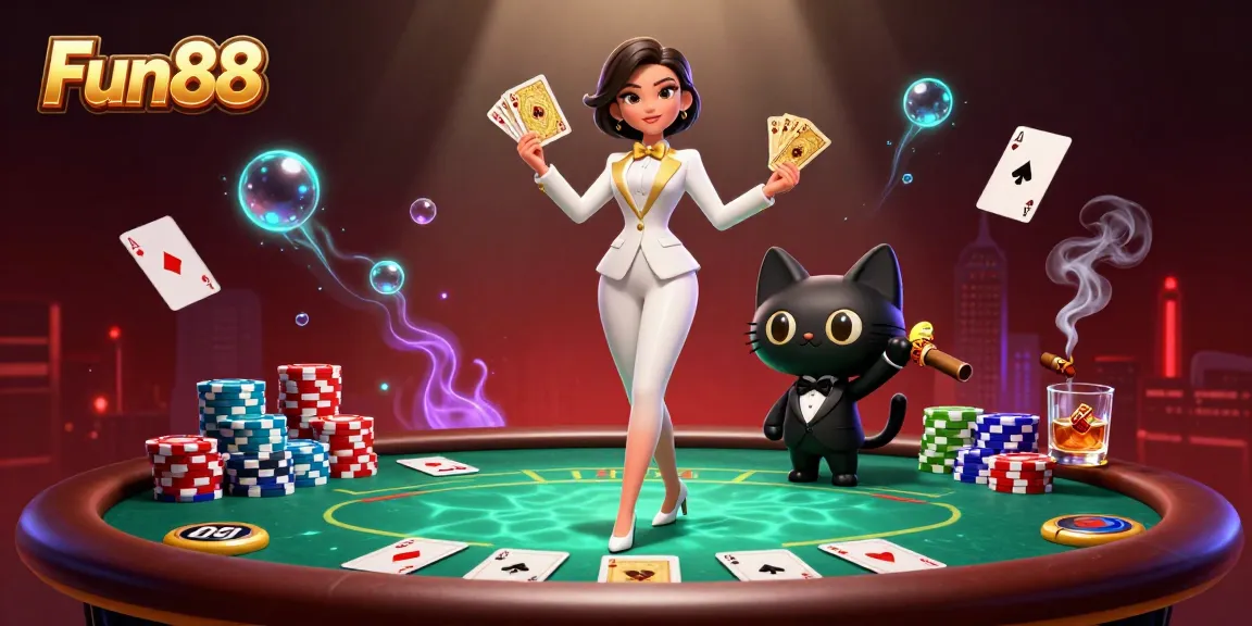 Engage with Fun88 at an exhilarating 3D poker scene featuring a glamorous dealer and vibrant chips.