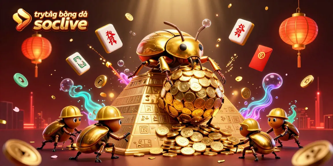 Enjoy watching trực tiếp bóng đá socolive with a vibrant illustration of golden beetles and casino symbols.