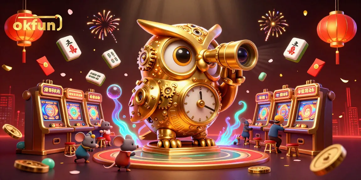 Stake wins at okfun while exploring a vibrant casino scene with a golden owl amidst lively game elements.
