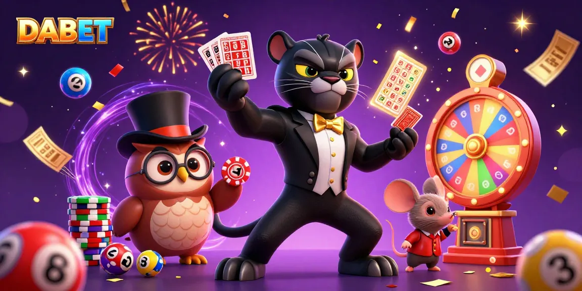 DABET empowers players with a vibrant illustration of a stylish panther dealer and lucky characters amidst exciting casino elements.