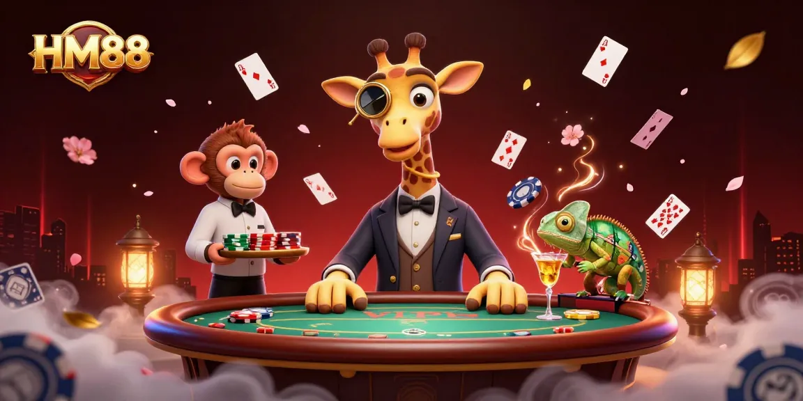 HM88 players celebrating big wins at a vibrant online casino with lively characters and sparkling game elements