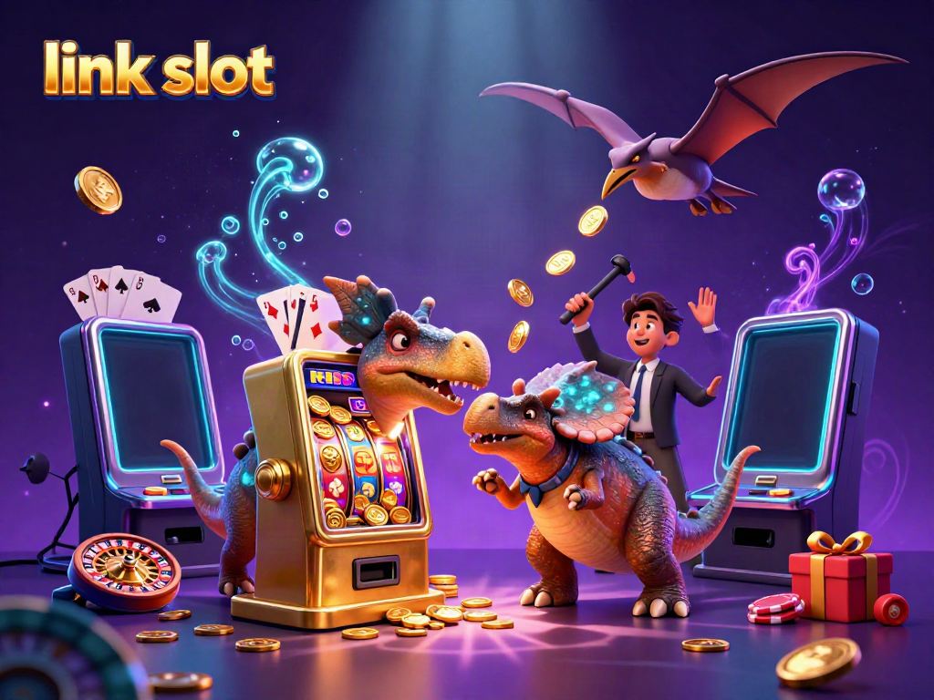 Experience excitement with link slot as a pachycephalosaurus hits a jackpot slot machine amidst flying coins.
