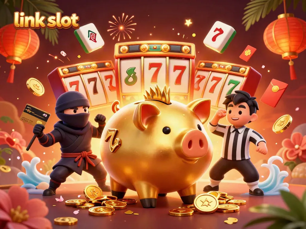 Experience big wins with link slot, featuring exciting 3D characters and vibrant casino elements.