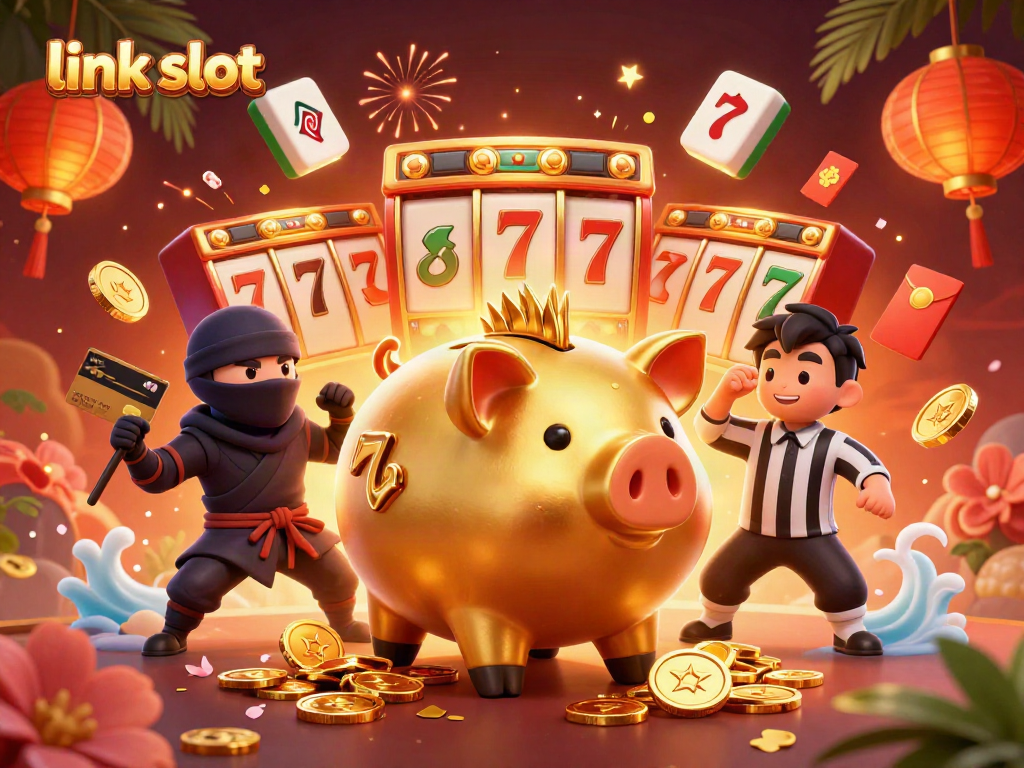 Experience big wins with link slot, featuring exciting 3D characters and vibrant casino elements.