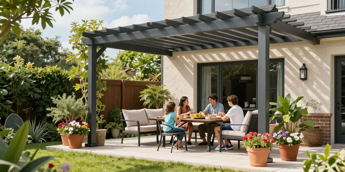 Moderne Terrassenüberdachung in einem schönen Garten mit Familie, die Zeit miteinander verbringt.