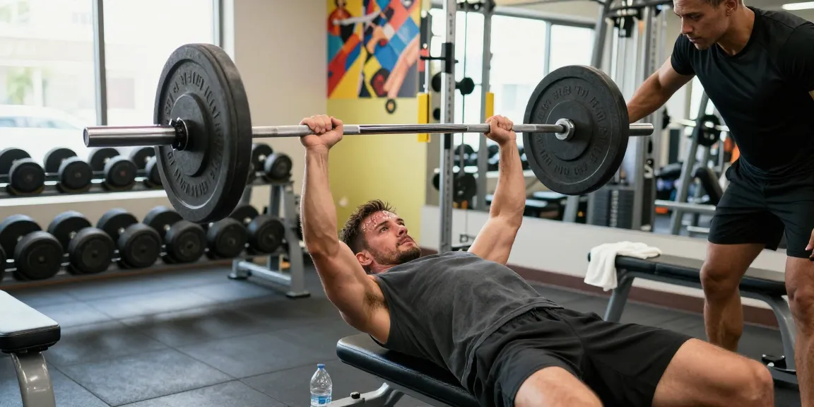Utinon Steroids Shop: Athlet beim Bankdrücken in modernem Fitnessstudio.