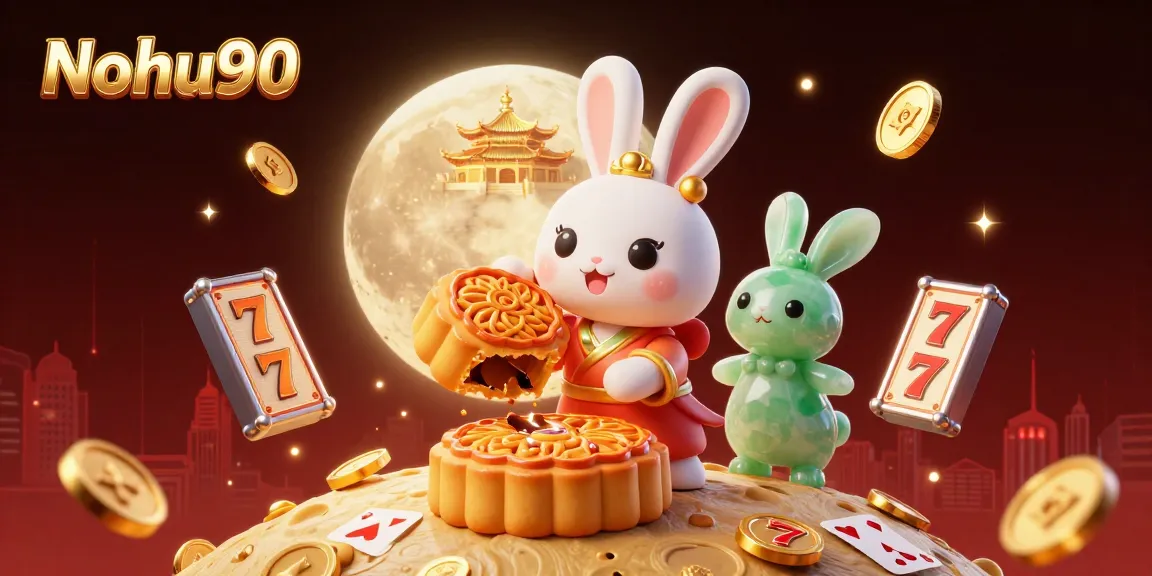 Nohu90 offers a vibrant 3D illustration featuring a moon rabbit and casino elements, showcasing slot games and jackpots.