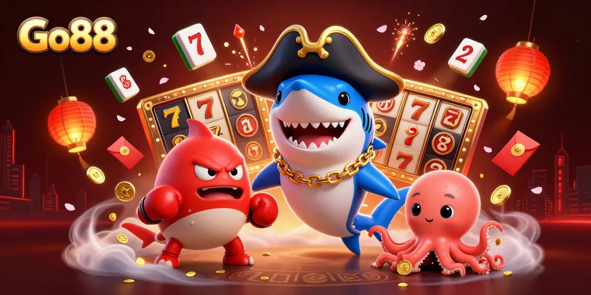Win big with Go88: an exciting, colorful scene featuring a shark, pufferfish, and octopus in a gambling theme.