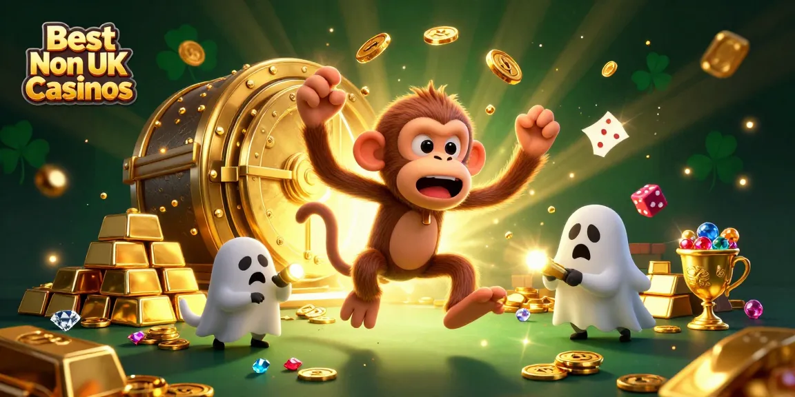Experience the thrill of the Best Non UK Casinos with our lively casino-themed illustration and golden treasures.
